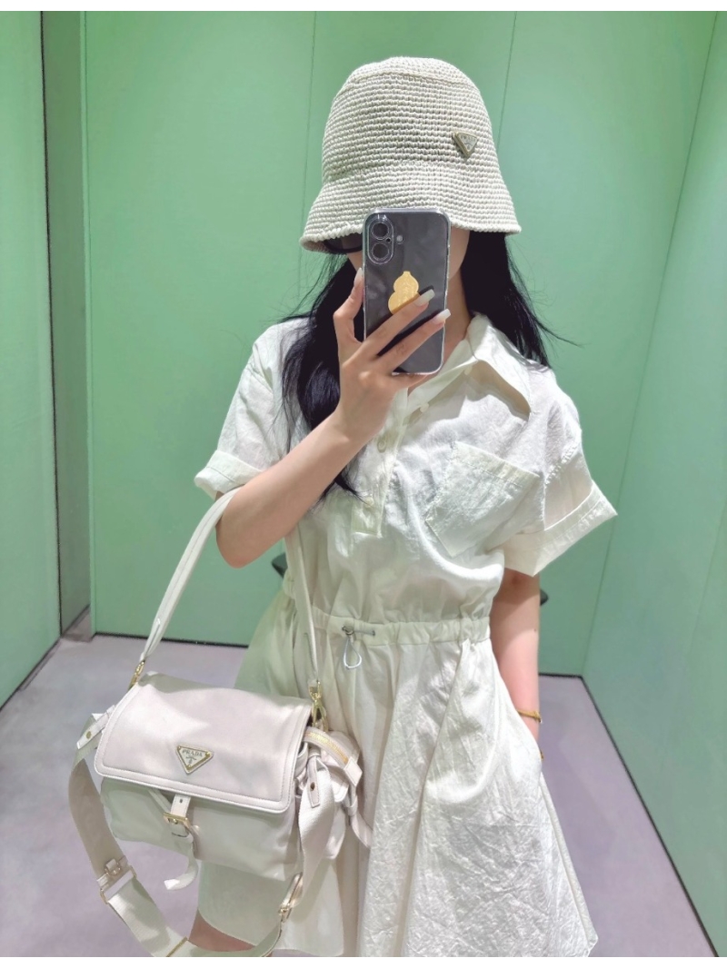 Prada SS26 Ivory High-Count Fabric Shirt Dress with Drawstring Waist