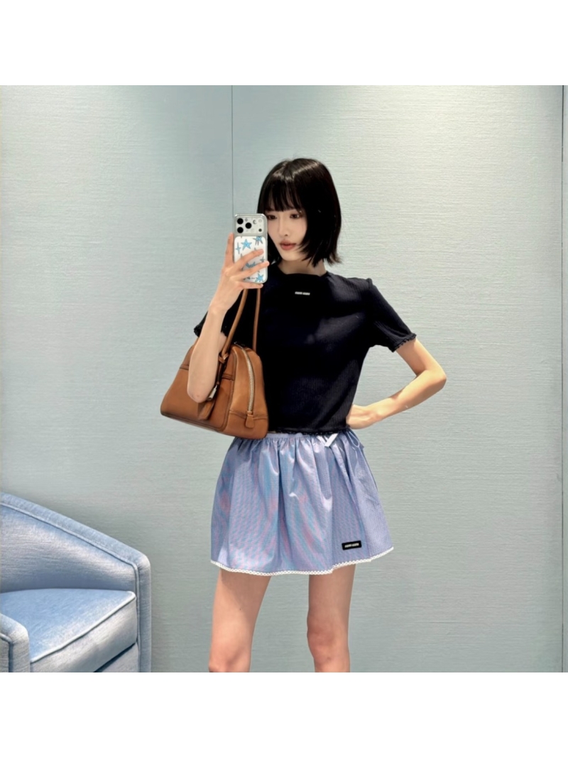 Miu Miu Lace Trim Ribbed Knit Baby Tee - Navy Blue