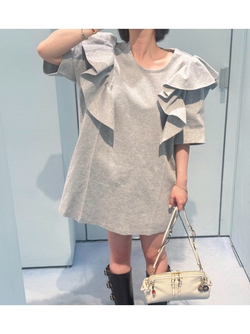 Miu Miu Ruffled Heather Grey Jersey Top - Signature Logo Embroidery