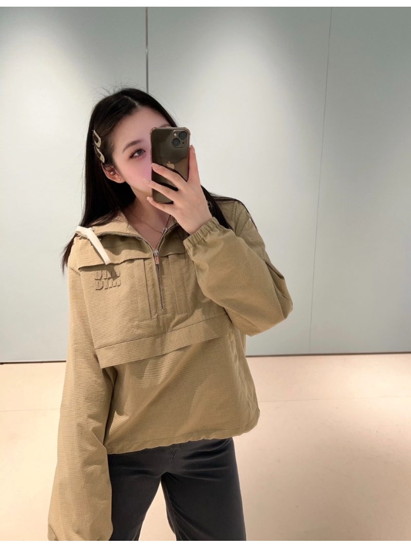 Miu Miu Grid-Pattern Hooded Anorak Jacket in Milk Tea Khaki - Lightweight Half-Zip Windbreaker, Relaxed Fit, Tonal Logo
