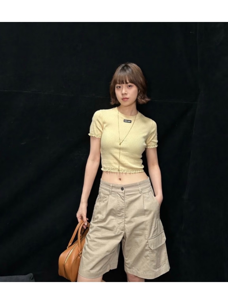 Miu Miu Micro-Check Cargo Bermuda Shorts in Khaki Beige