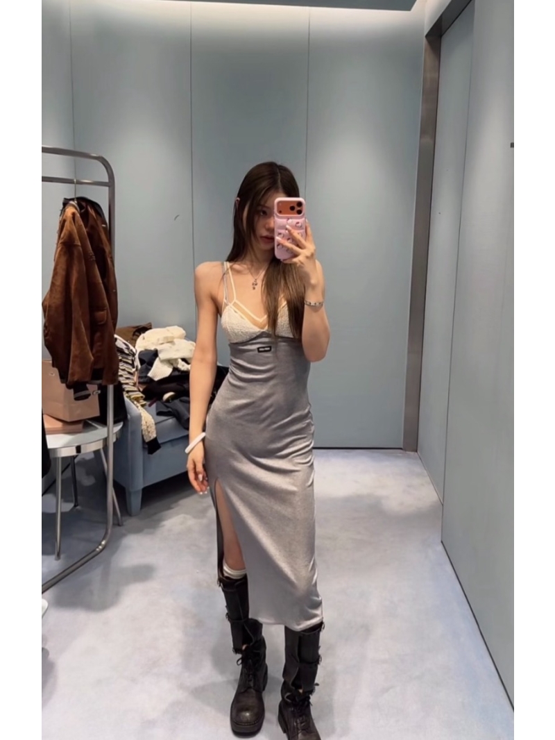 Miu Miu Lace-Trimmed Heather Gray Jersey Maxi Dress with Side Slit