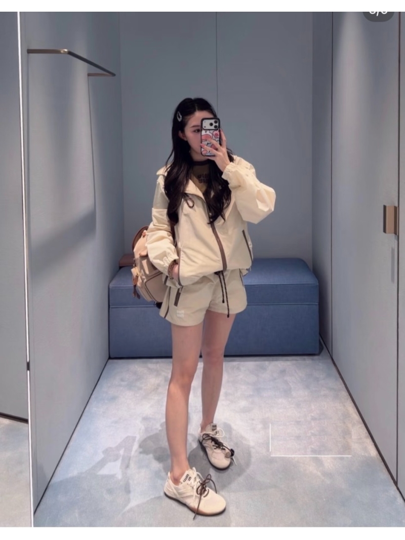 Miu Miu Hooded Windbreaker Jacket in Milk Tea Cream and Chocolate Brown