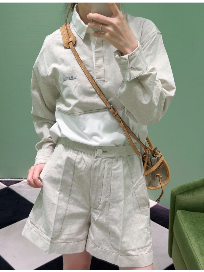 Prada Linen Blend Contrast Stitch Popover Shirt in Stone Grey and White