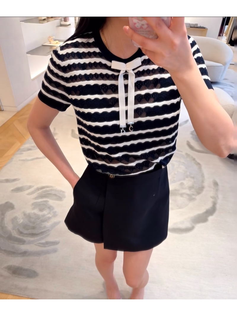 Dior Navy Contrast Scalloped Stripe Knit Short Sleeve Top with Bow Detail
