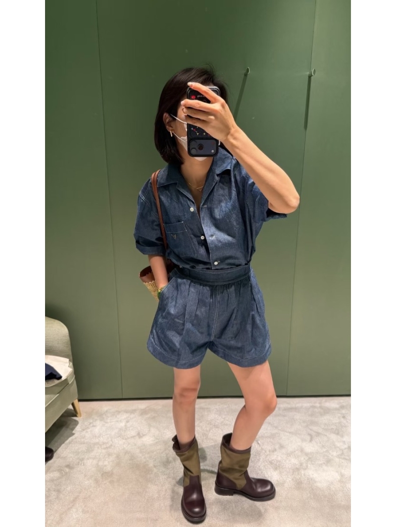 Prada Contrast Stitch Denim Workwear Romper in Indigo Blue