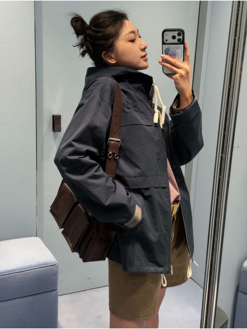 Miu Miu Ripstop Hooded Workwear Jacket in Navy Blue - Relaxed Fit Luxury Windbreaker