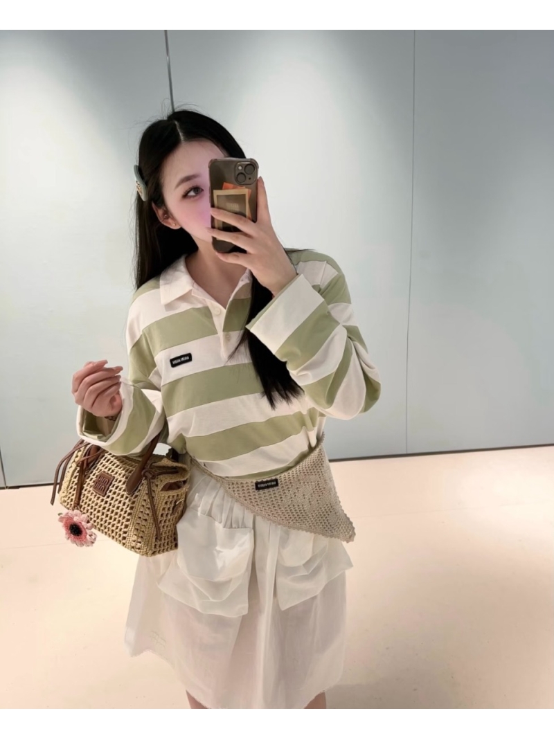 Miu Miu Striped Cotton Long-Sleeved Polo Shirt - Sage Green/Cream