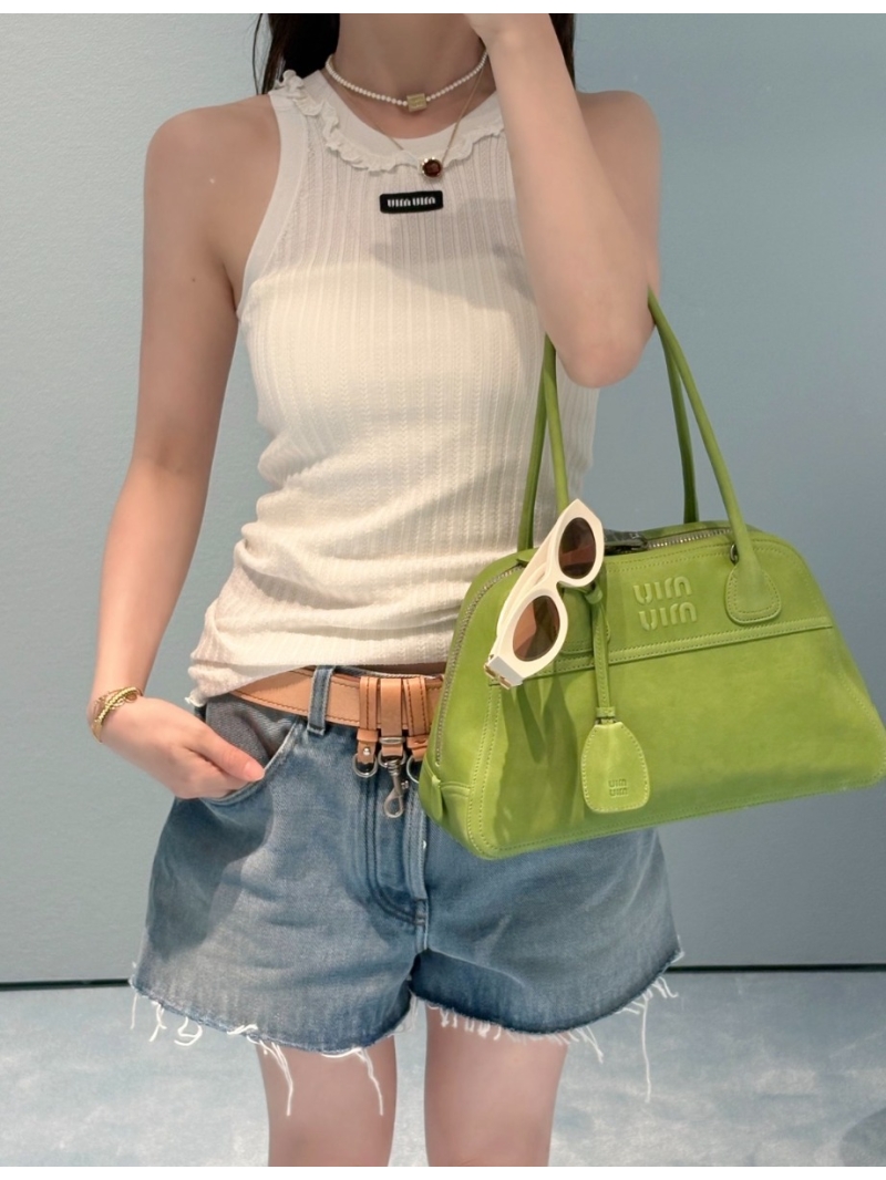 Miu Miu Signature Ribbed Knit Tank Top with Delicate Lace Trim in White