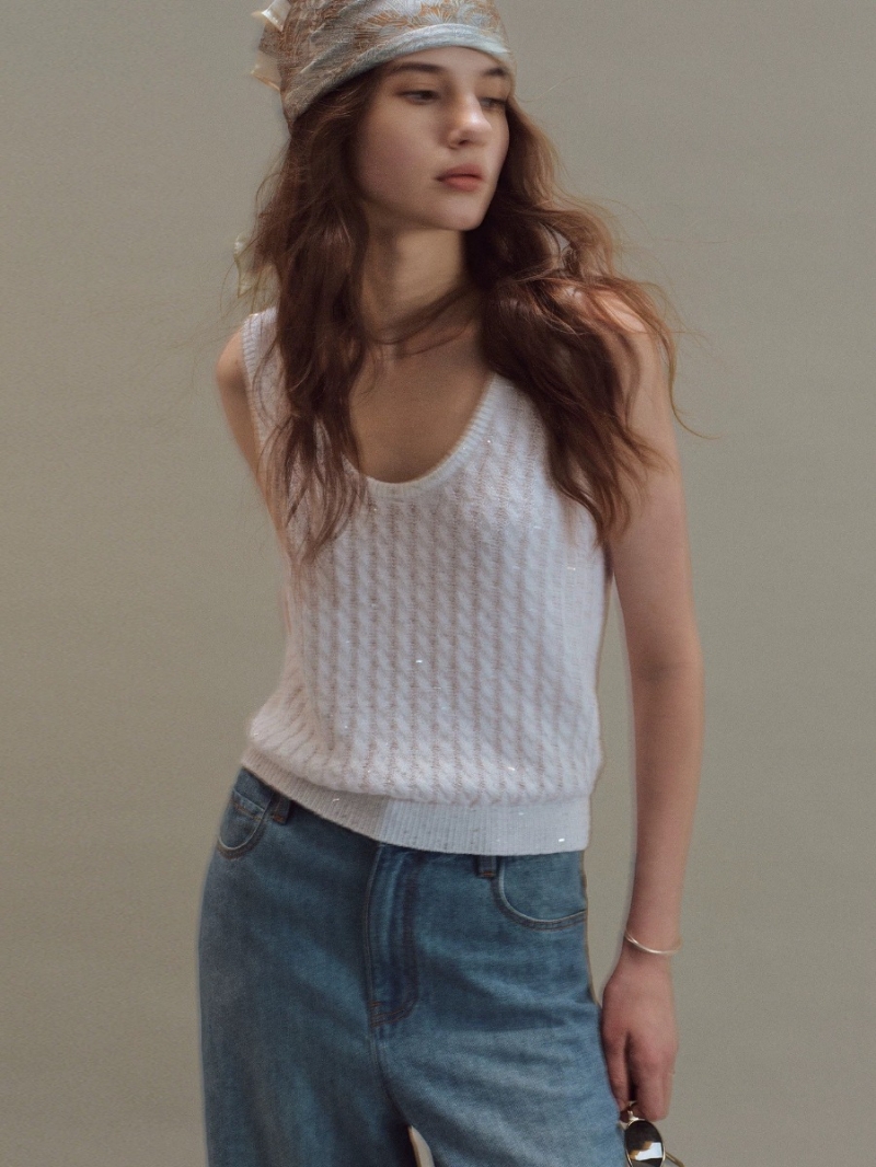Brunello Cucinelli White Sequin Pointelle Knit Scoop Neck Vest