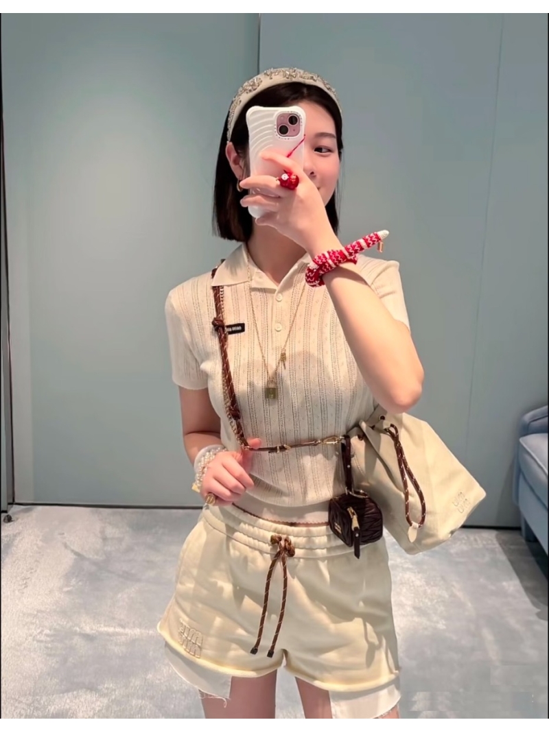 Miu Miu White Pointelle Ribbed Knit Polo Shirt with Logo Patch