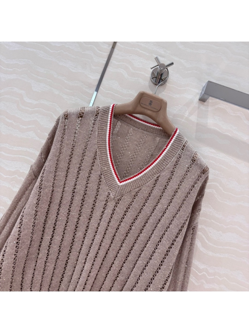 Brunello Cucinelli Open-Knit V-Neck Sweater Taupe – Luxurious and Timeless