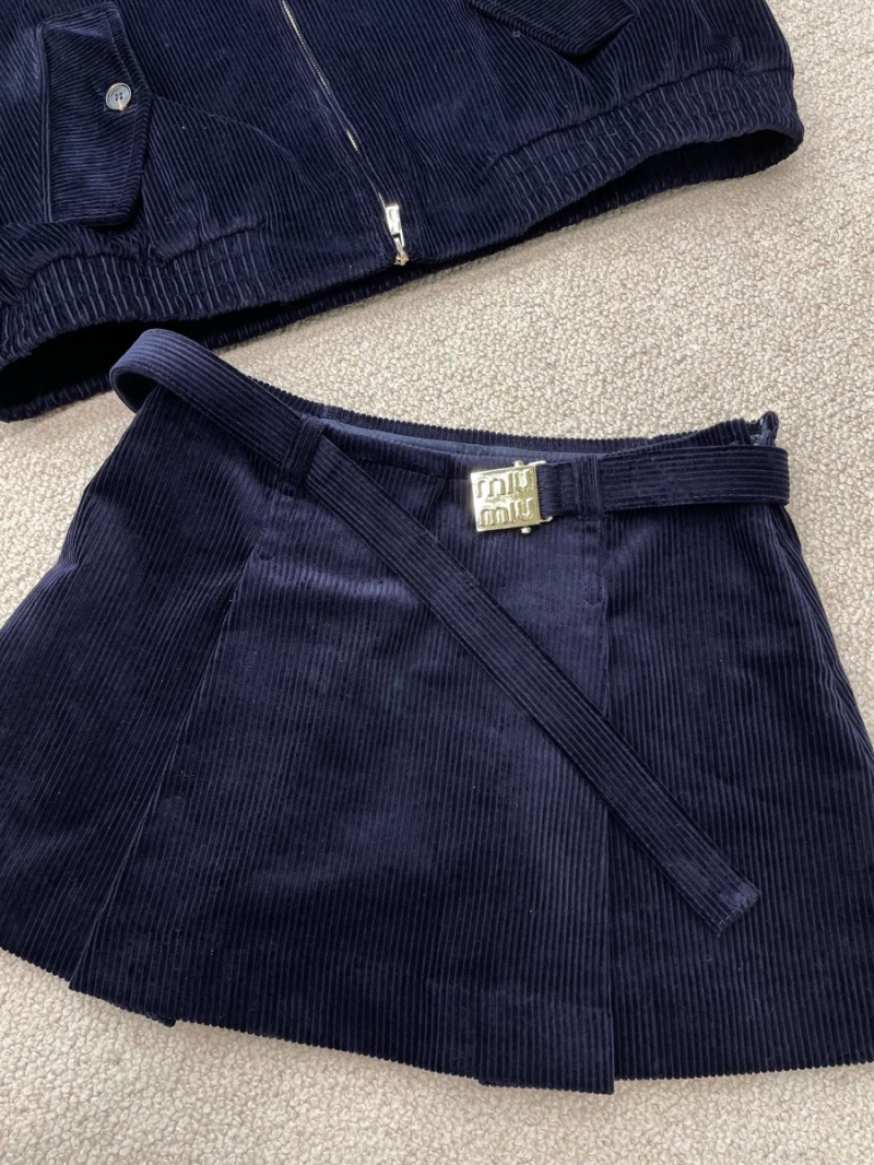 Miu Miu 2024 Early Autumn Corduroy Buckle Belt Skirt Blue