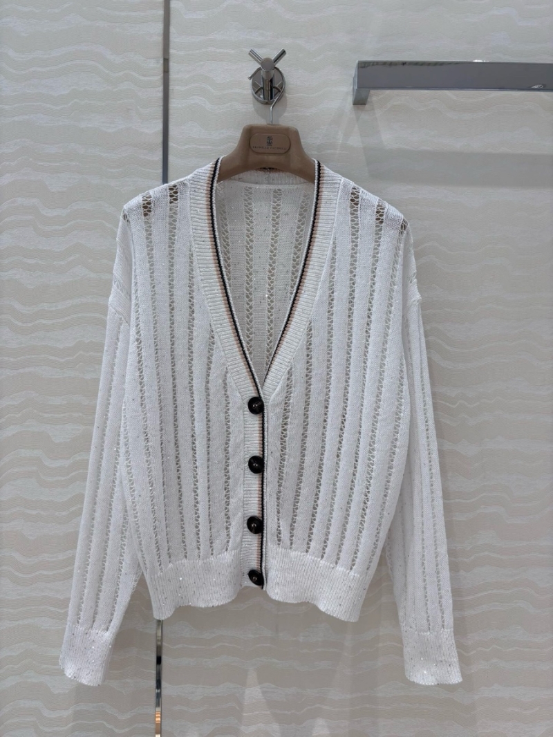 Brunello Cucinelli Open-Knit Sequined V-Neck Cardigan White – Luxurious and Timeless