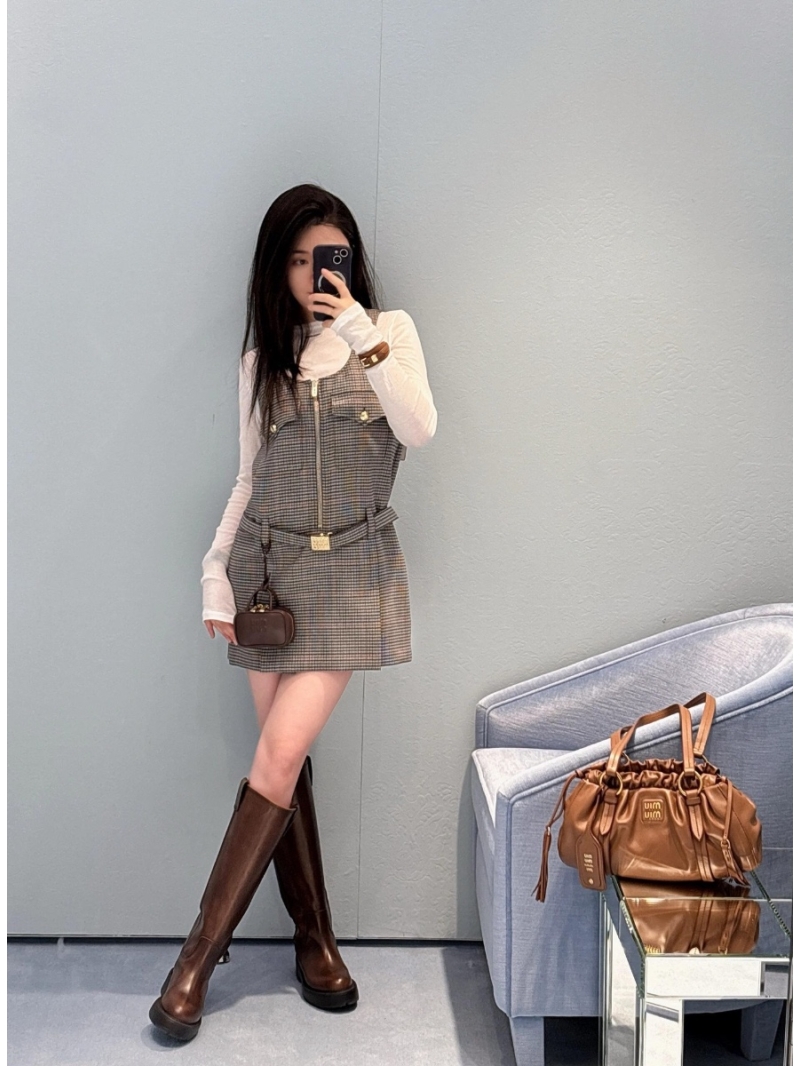 Miu Miu 2024 Wool Tweed Pinafore Wool Dress