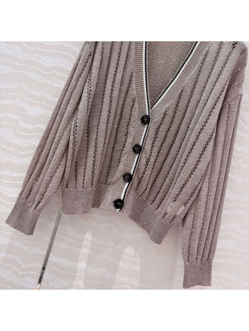 Brunello Cucinelli Open-Knit Sequined V-Neck Cardigan Taupe – Luxurious and Timeless