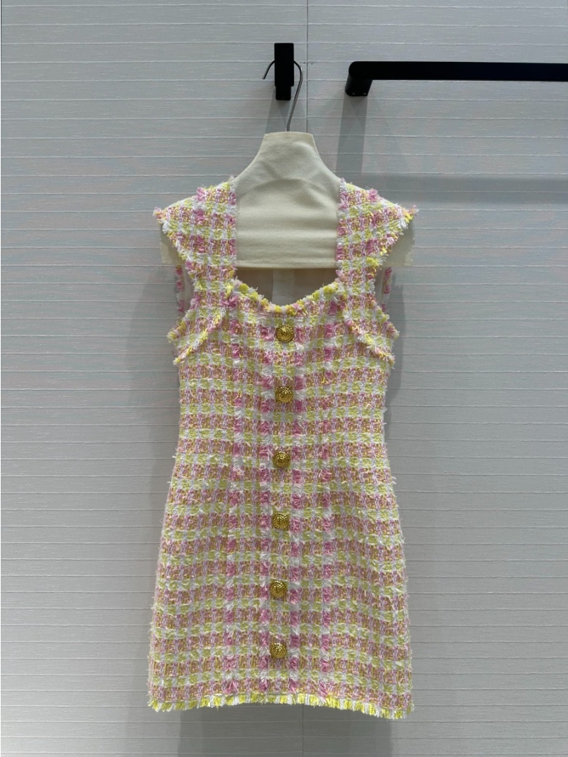 Balmain Elegant Tweed Heart-Neckline Dress with Custom Hardware Yellow Pink