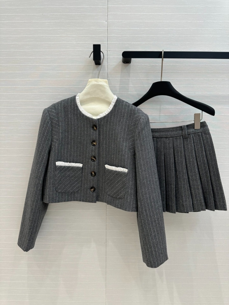 Miu Miu Striped Wool Suit Set Cropped Jacket with Pleated Skirt Grey