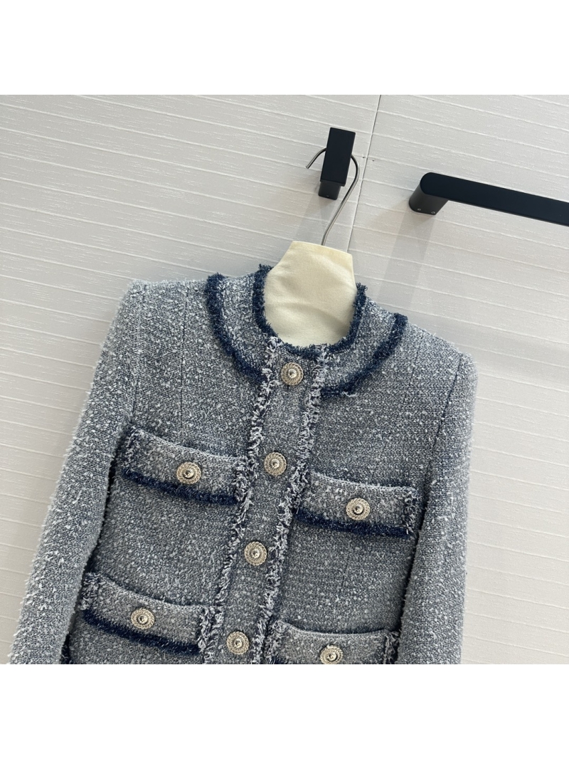 Balmain 24 Early Fall Capsule Collection Silver Button Tweed Light Denim Blue Jacket