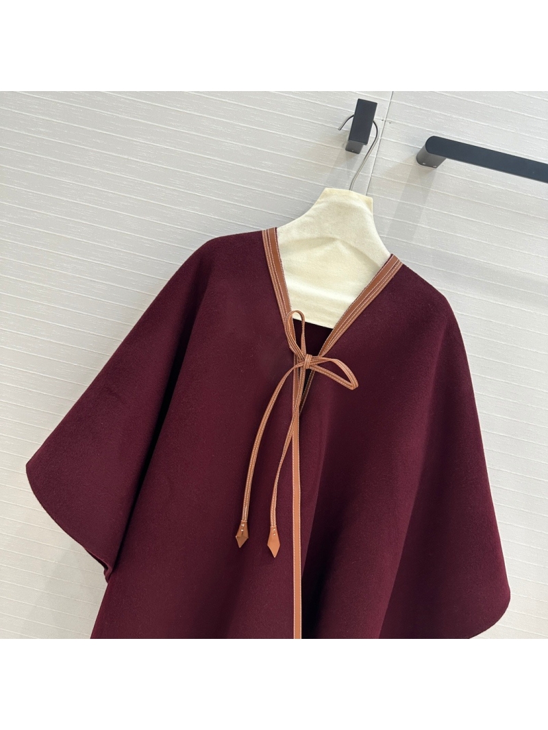 Loro Piana Vintage British Style Genuine Leather Trim Cashmere Wool Cape. Burgundy
