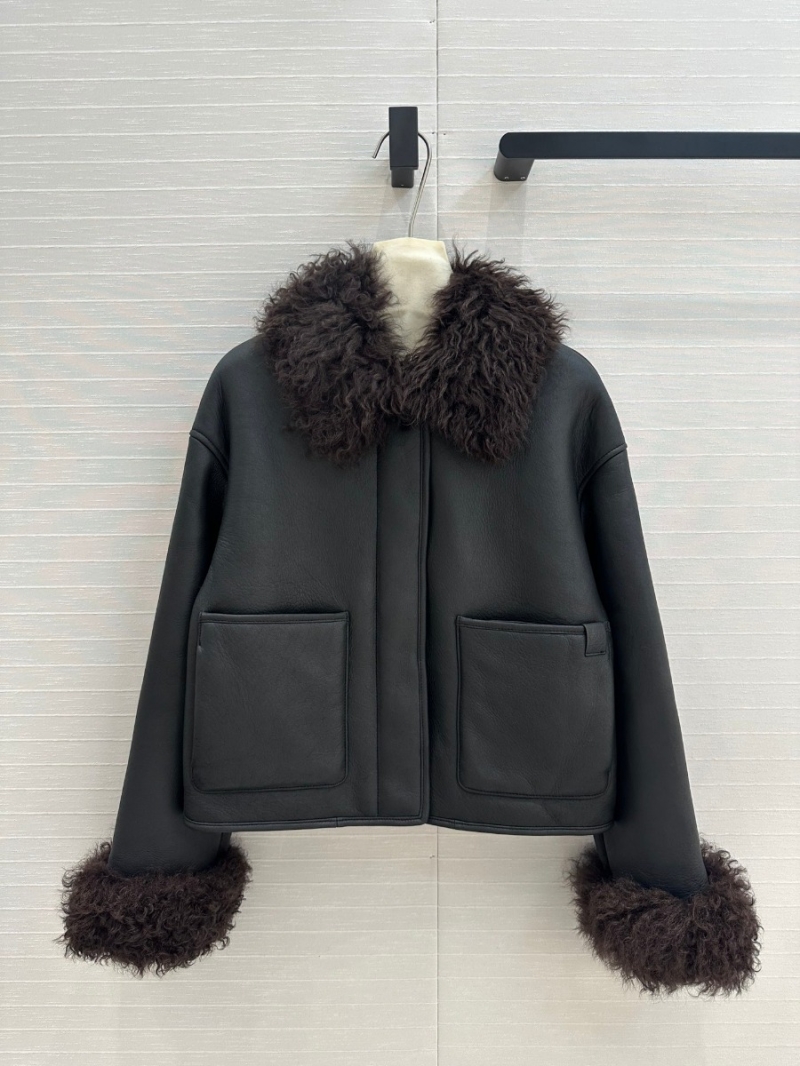 Loewe Alpine Collection Shearling Jacket - Short H-Line Leather Coat - Black