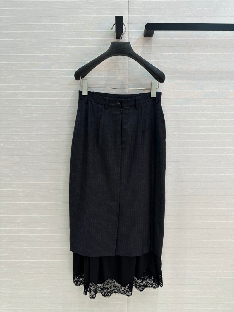 Balenciaga Early Autumn 2024 Pinstripe Wool Lace Hem Midi Skirt - Black