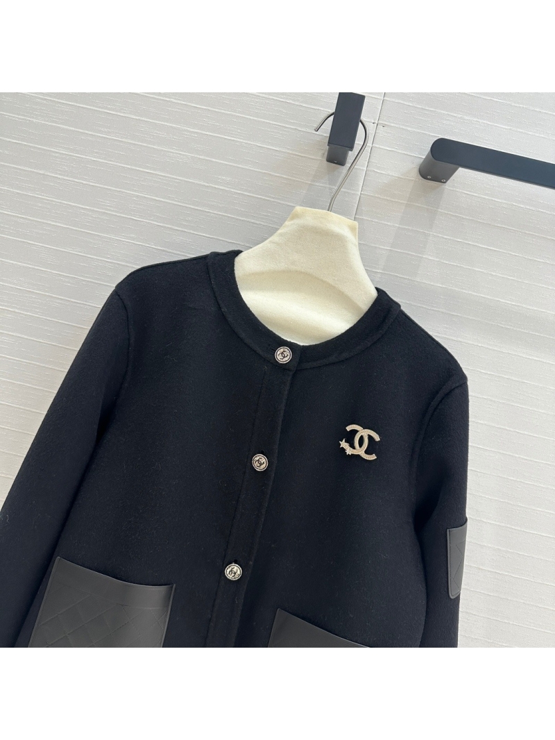 Chanel 24 B Collection Double-Faced Wool Jacket with Leather Trim. Black