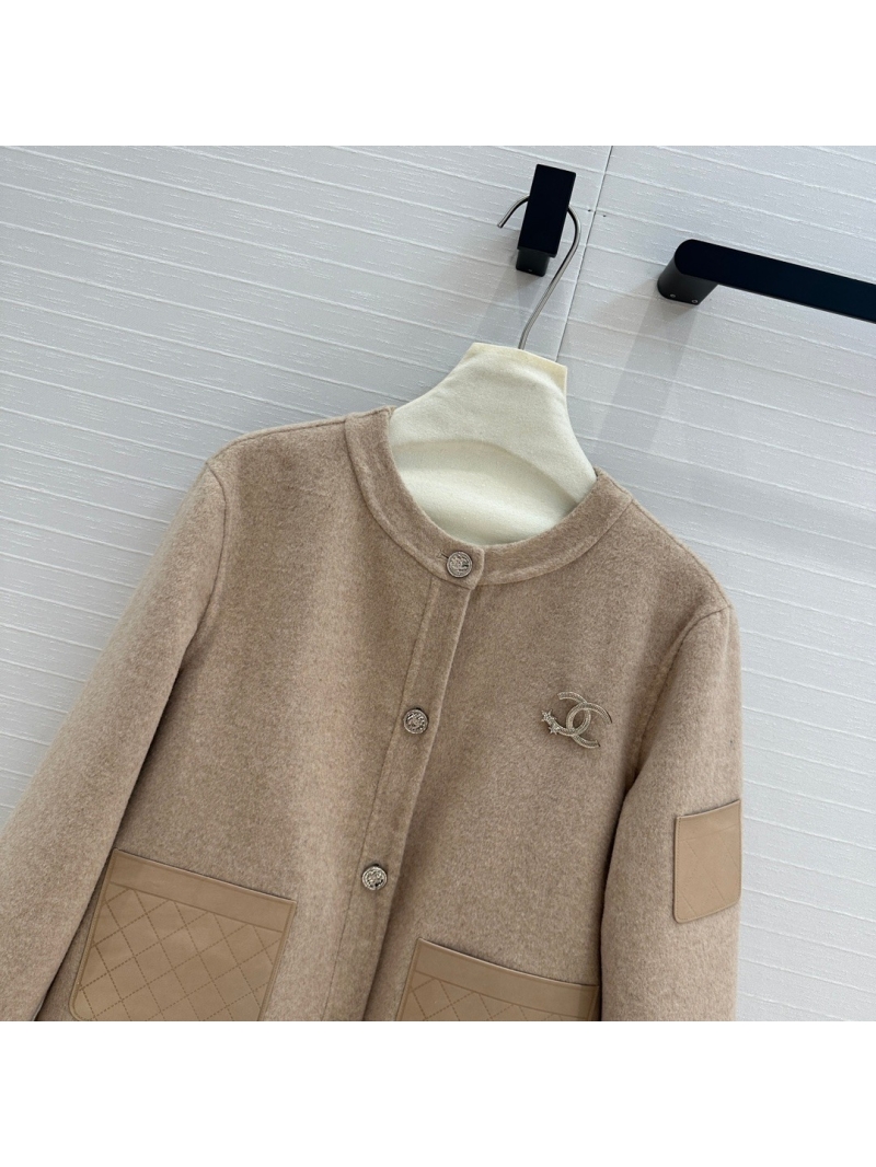 Chanel 24 B Collection Double-Faced Wool Jacket with Leather Trim. Beige