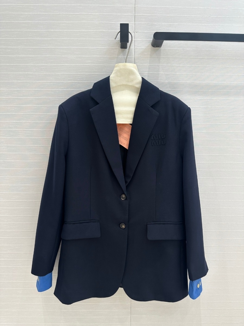 Miu Miu 2024 Fall/Winter Intellectual Style Wool Blazer with Faux-Layered Shirt Cuffs. Black