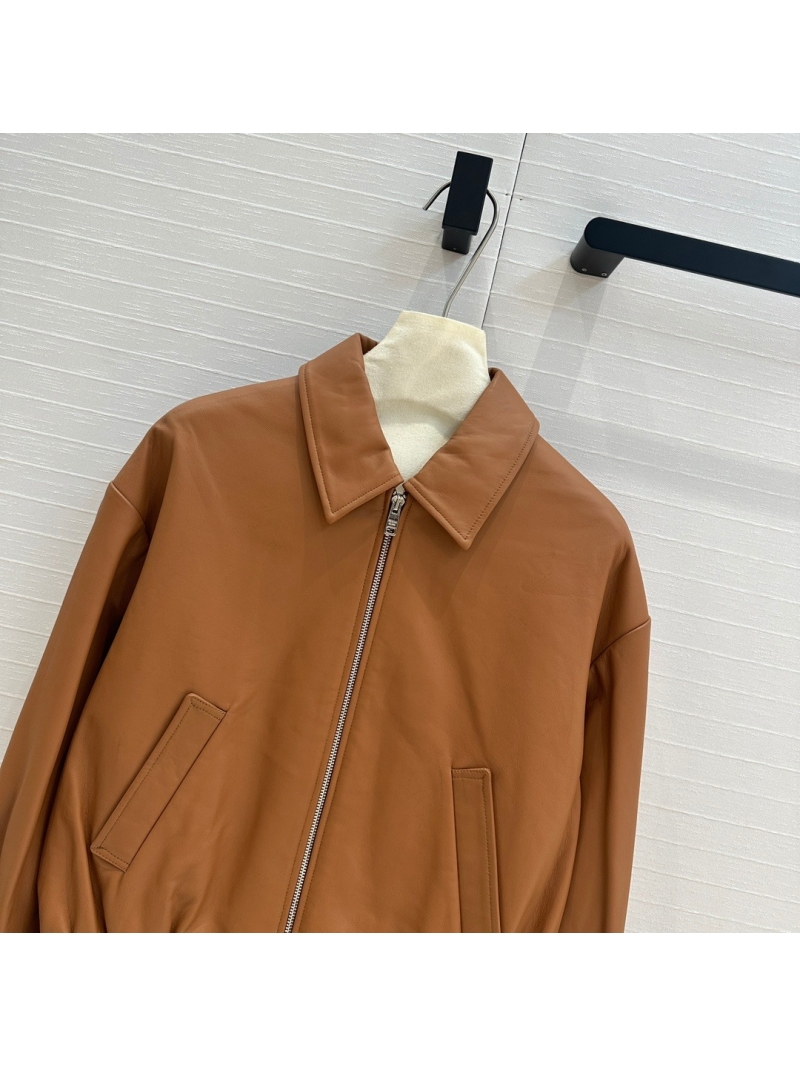 Prada Early Autumn Functional Leather Aviator Jacket in Camel