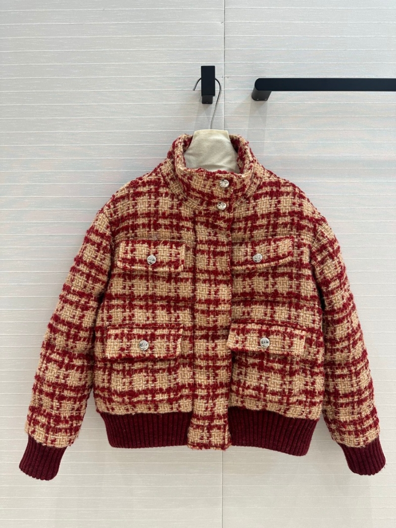 Chanel 24N Ski Collection Luxurious Tweed Down Jacket in Red-Brown Plaid