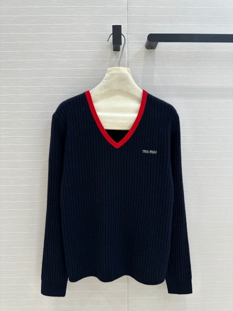 Miu Miu Fall/Winter Collection V-Neck Cashmere Sweater - Navy with Red Trim
