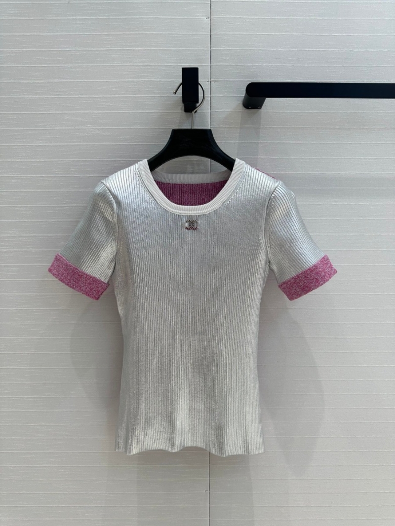 Chanel 25C Metallic Coated Knit Top – Silver with Pink Contrast Cuffs