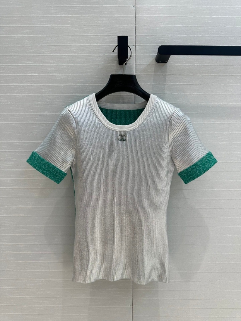 Chanel 25C Metallic Coated Knit Top – Silver with Green Contrast Cuffs