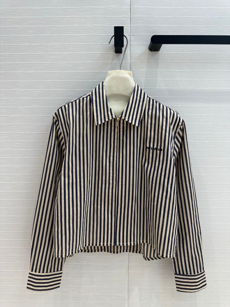 Miu Miu 2025 Early Spring Striped Logo Embroidered Zip Shirt – Navy and Cream Stripes