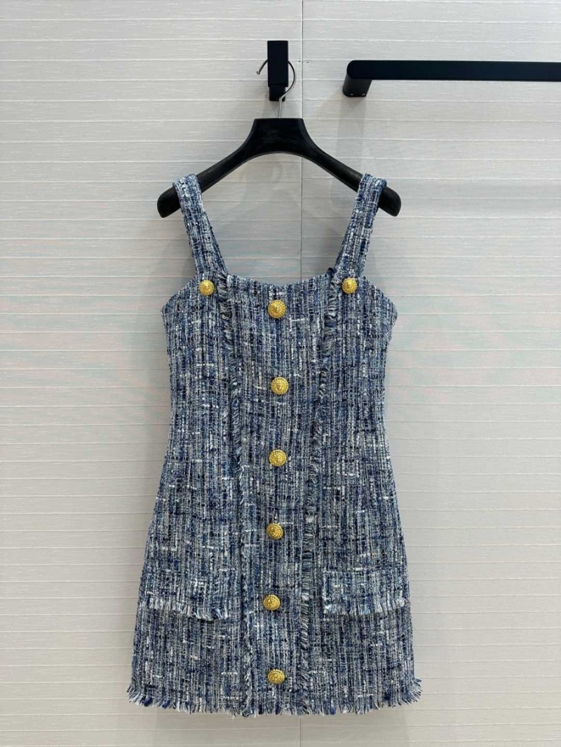 Balmain SS25 Elegant Blue and White Tweed Buttoned Dress