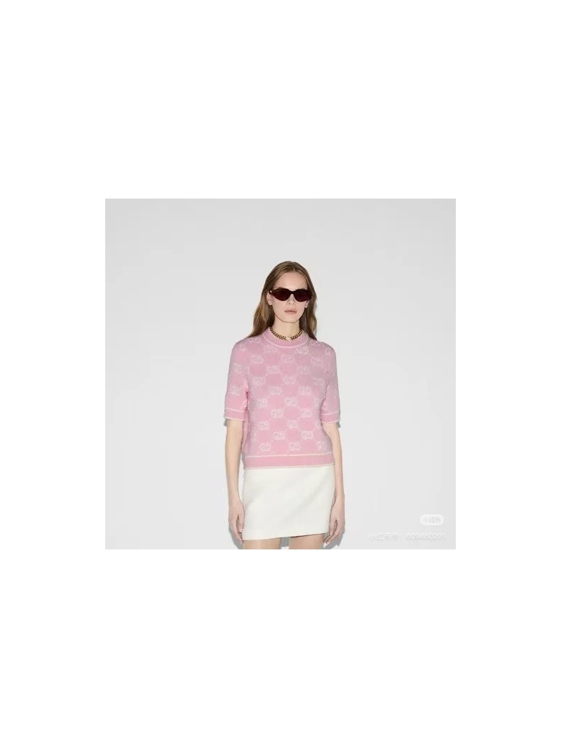 Gucci Early Spring Collection Pastel Pink Jacquard GG Knit Short-Sleeve Top