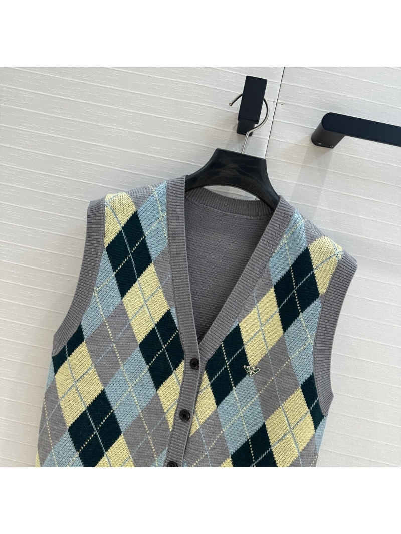 Prada 25S Collection Elegant Argyle Knit Wool Vest Multi-Color
