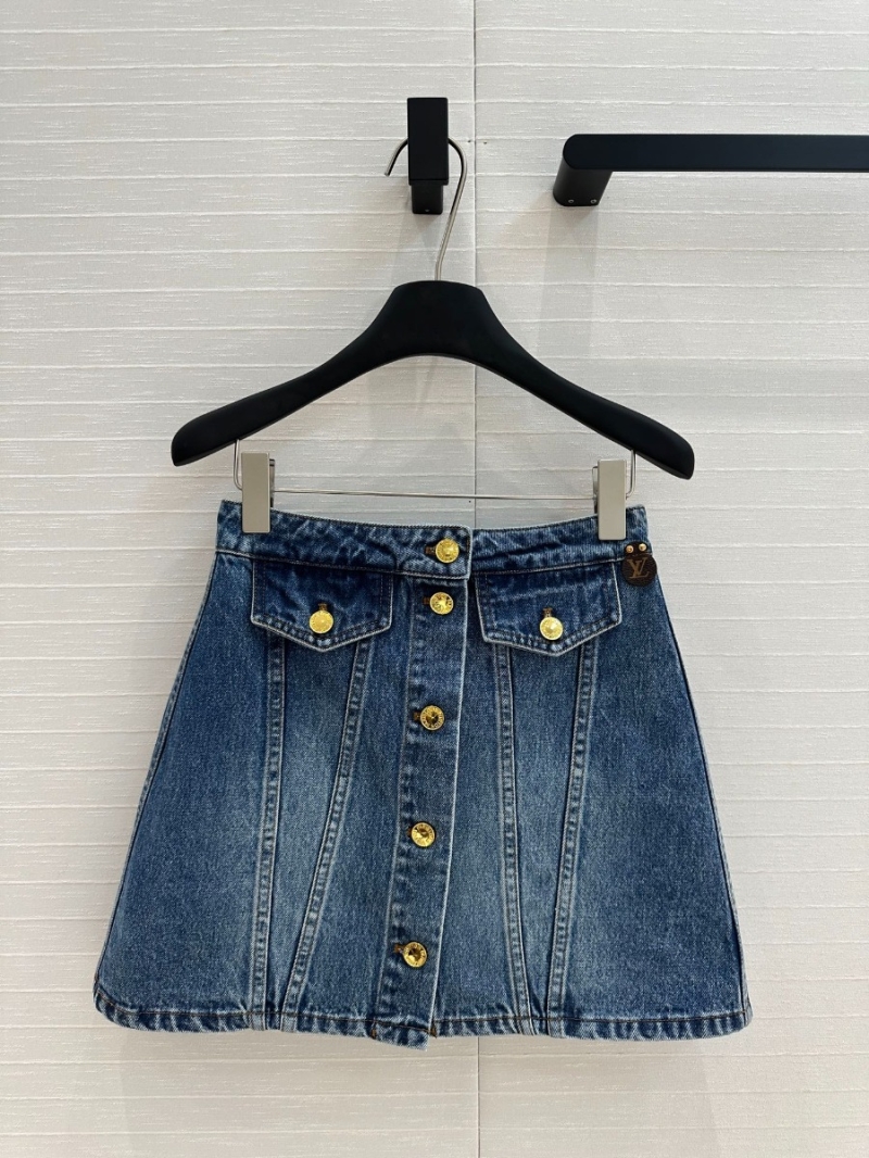 Louis Vuitton LV 25 Early Spring Collection Chic Denim A-Line Skirt with Metal Logo Buttons Blue