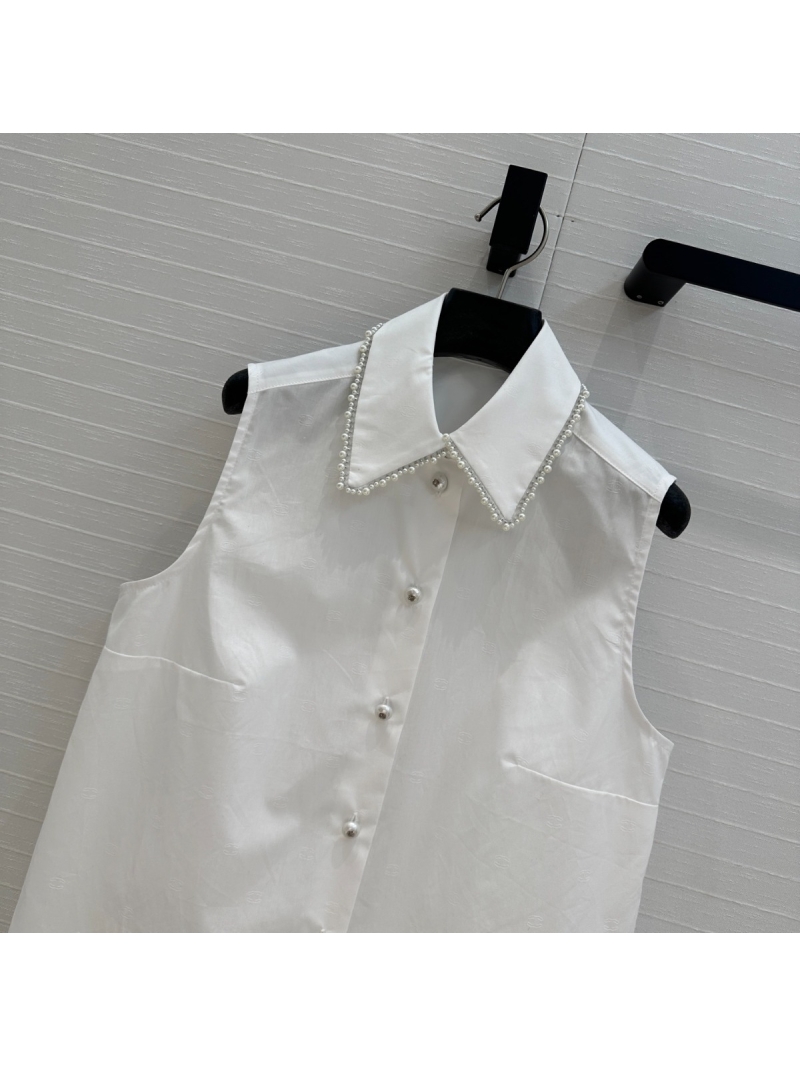 Chanel Coco Girl French Pearl-Embellished Sleeveless Shirt White