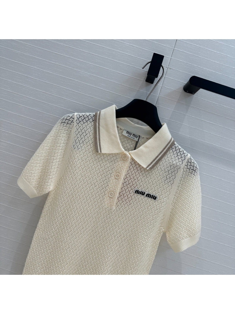 Miu Miu Youthful Diamond Knit Polo Shirt in Cream
