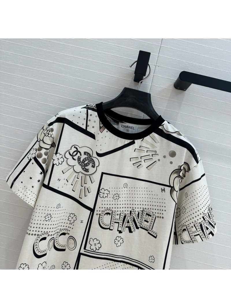 Chanel 25P Playful Graffiti Camellia Tee White with Black Print