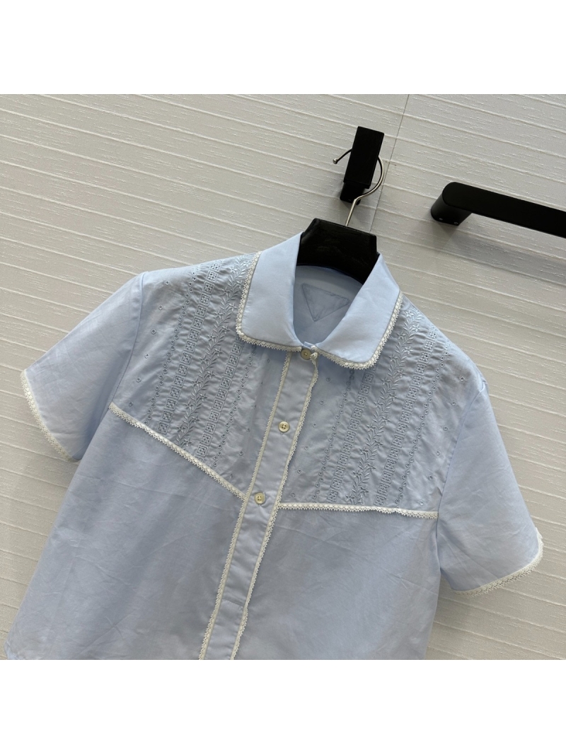 Prada Exclusive Spring-Summer Lace-Edge Short Sleeve Shirt Blue