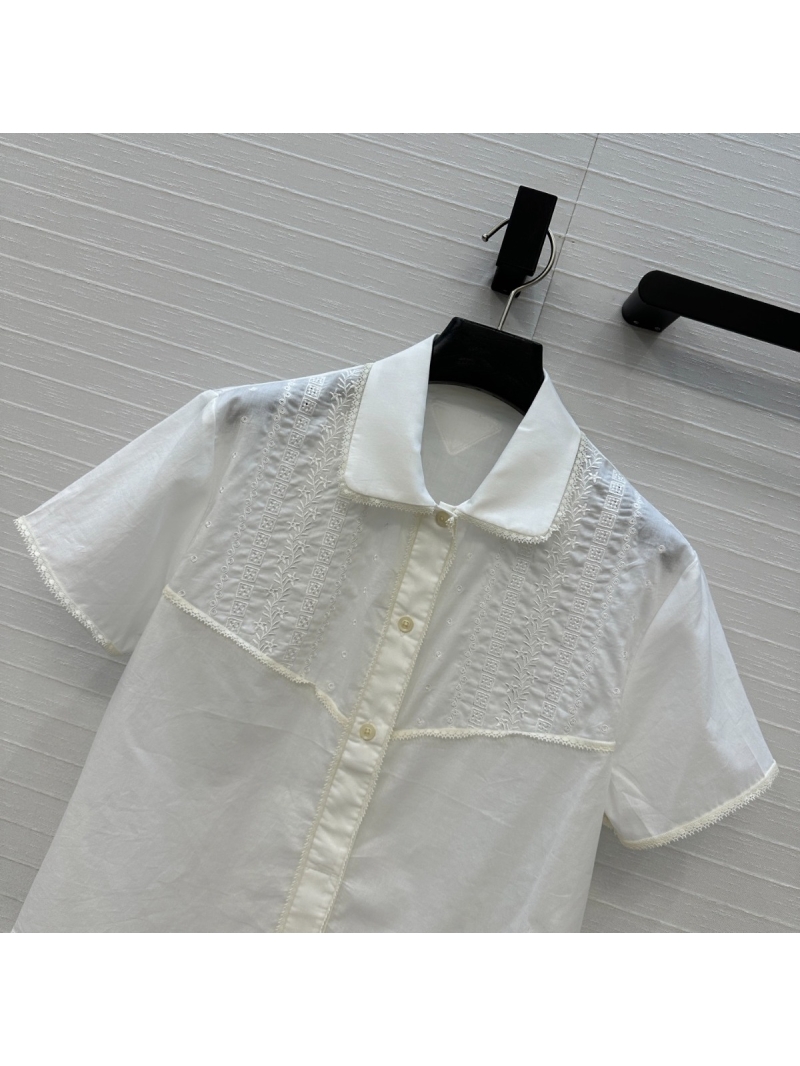 Prada Exclusive Spring-Summer Lace-Edge Short Sleeve Shirt White