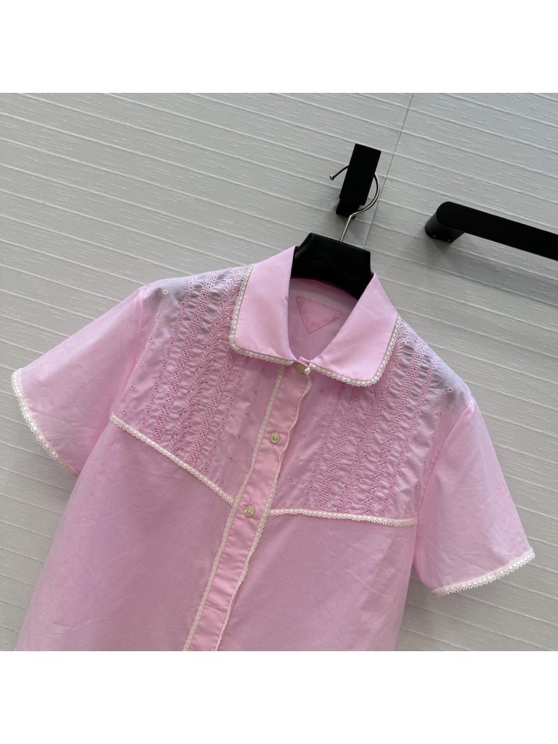 Prada Exclusive Spring-Summer Lace-Edge Short Sleeve Shirt Pink