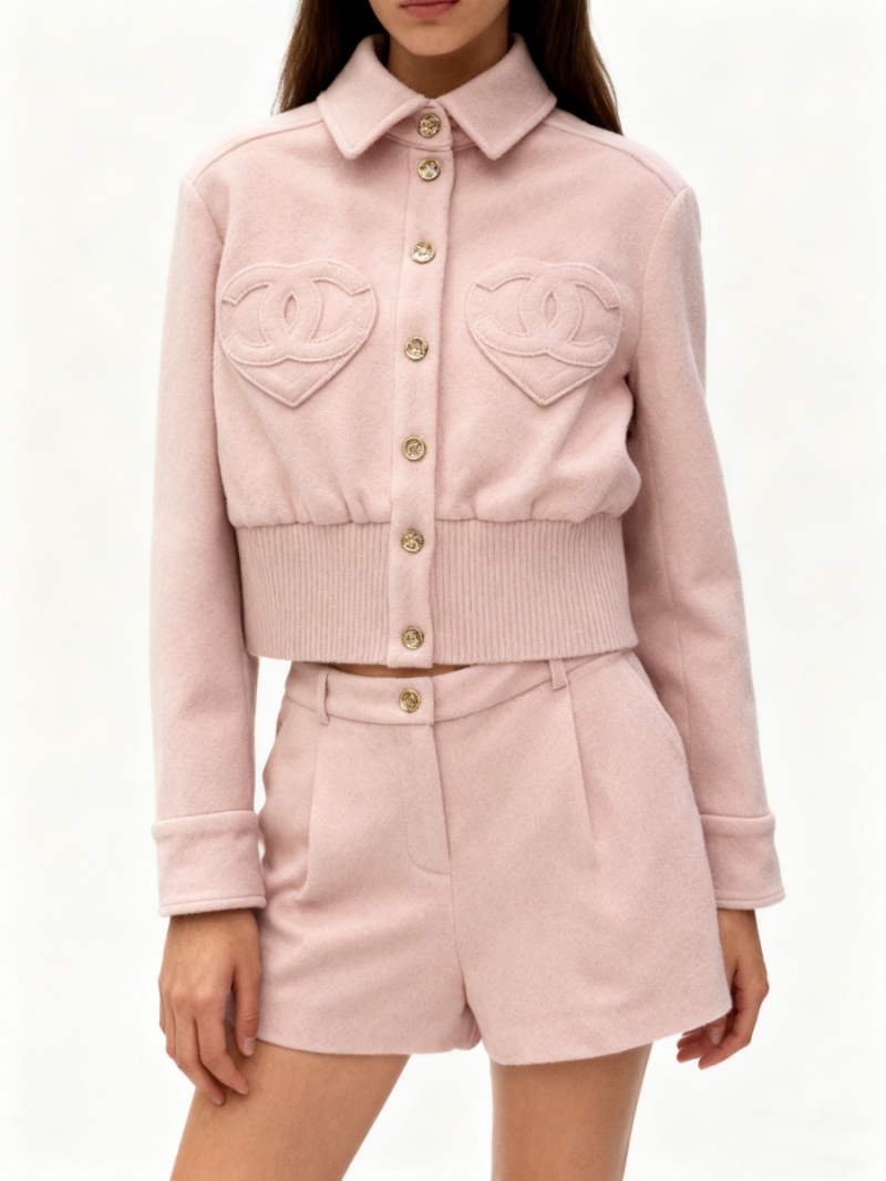 Chanel 100% Wool Cropped Jacket with Heart CC Pocket Embroidery - Pink