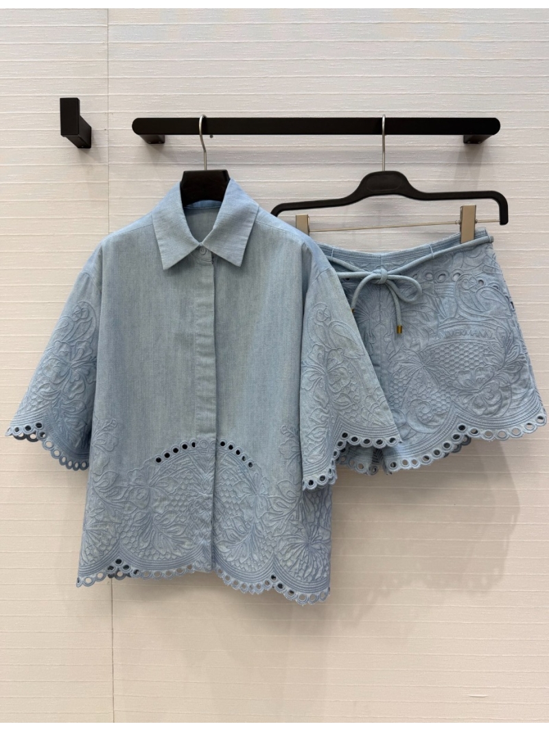 Zimmermann Exquisite Scalloped Floral Embroidered Custom Denim Shirt in Light Blue