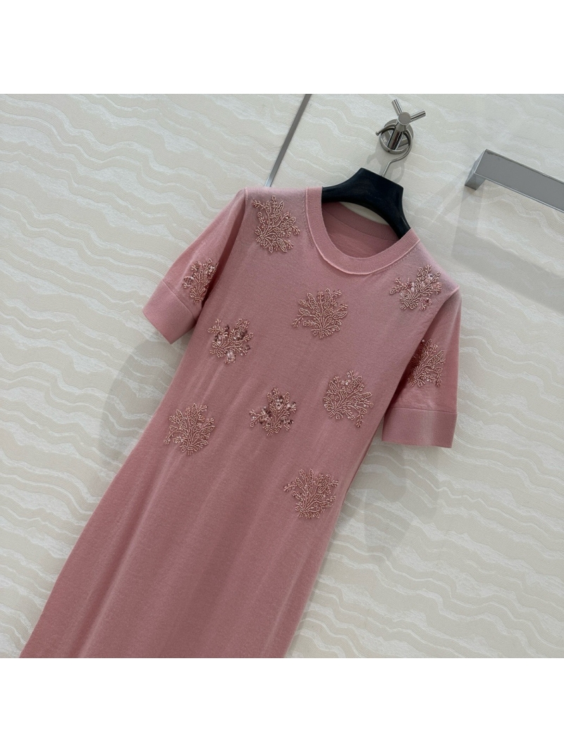 Fendi 25SS Floral Beaded Knit Wool Dress pink