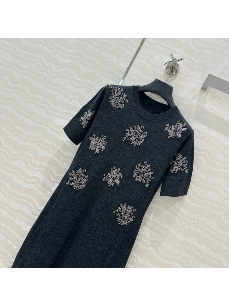 Fendi 25SS Floral Beaded Knit Wool Dress Black