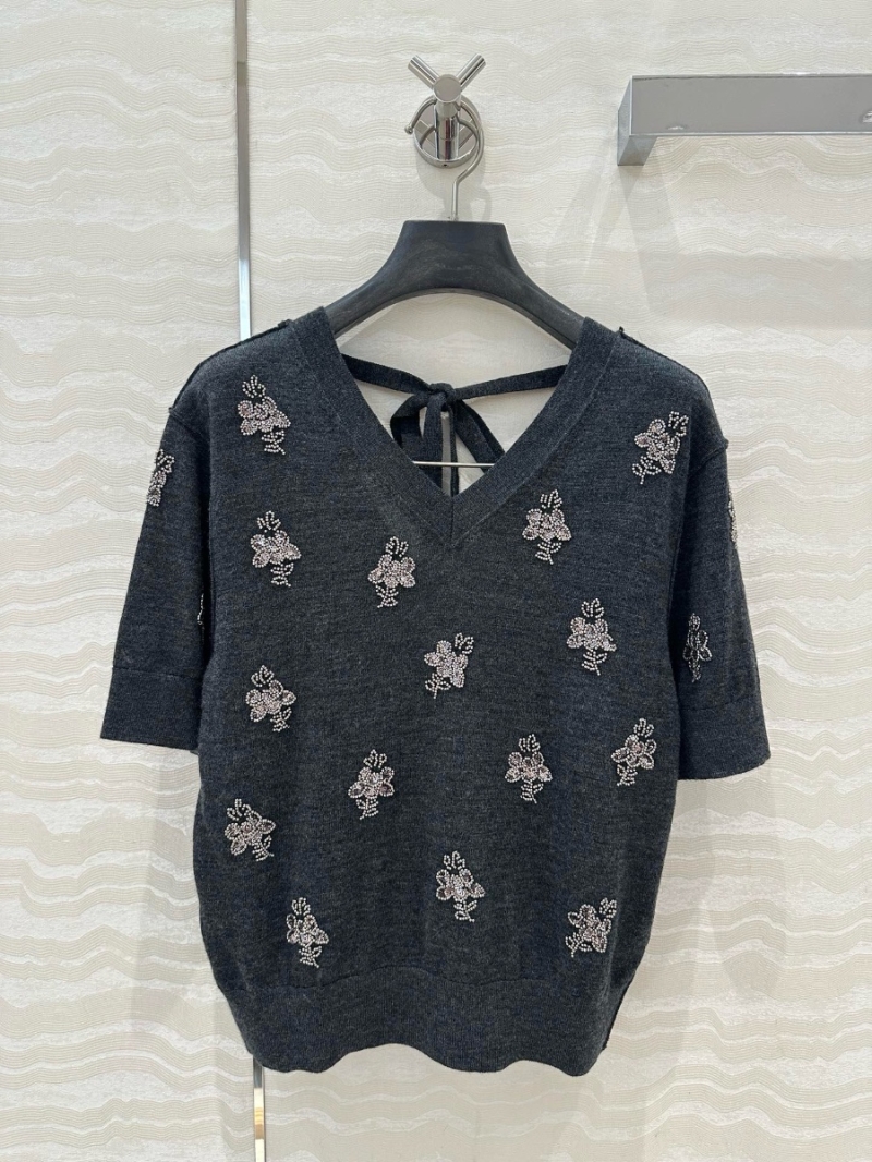 Fendi Floral Beaded V-Neck Wool Knit Top Black